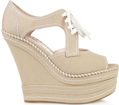 Miu Miu Tan canvas lace-up wedge