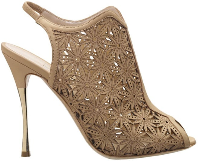 Nude laser cut leather peep-toe slingback bootie