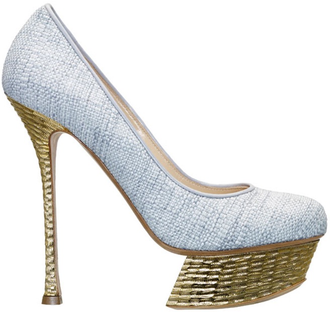 Nicholas Kirkwood grey raffia hammered gold platform pump