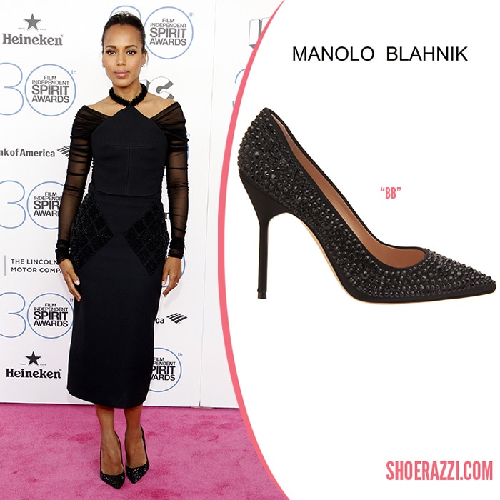 Kerry Washington in Manolo Blahnik BB Black Crystal Coated Satin Pumps