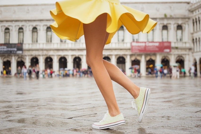 yellow dress with white shoes