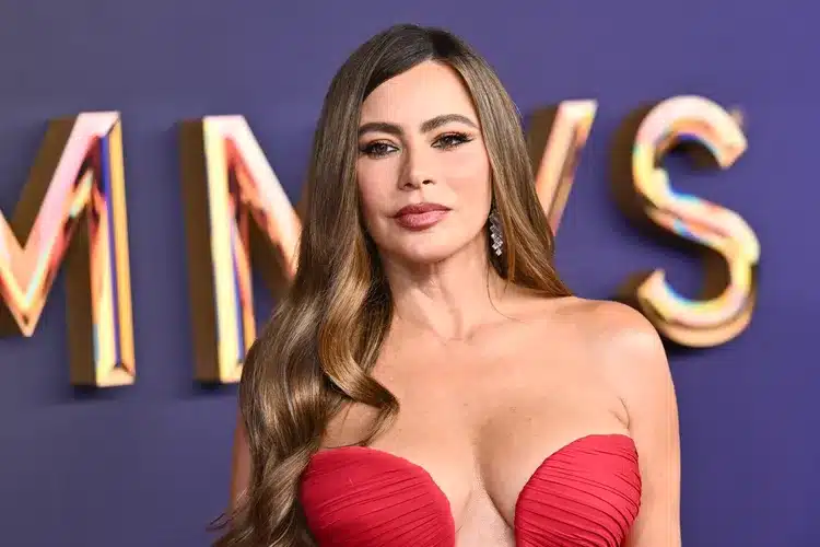 Sofía Vergara plunging red corset gown beads feathers Golden Globes 2026 after-party fashion controversy