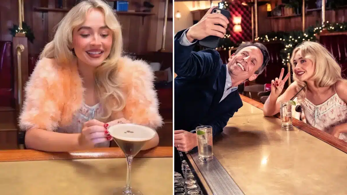 Sabrina Carpenter lace trim slip dress Seth Meyers day drinking viral fashion reactions