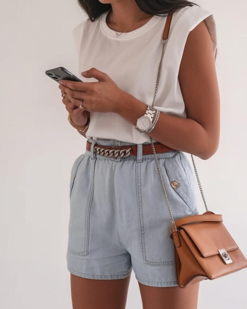 3. Light Denim Shorts + Soft Layers