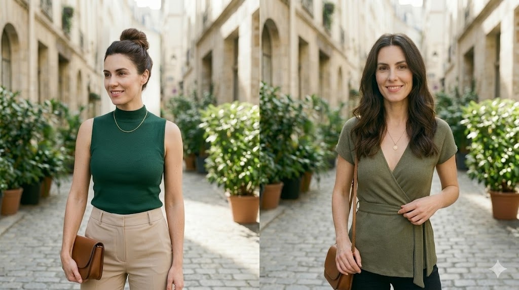 neckline and hairstyle balance