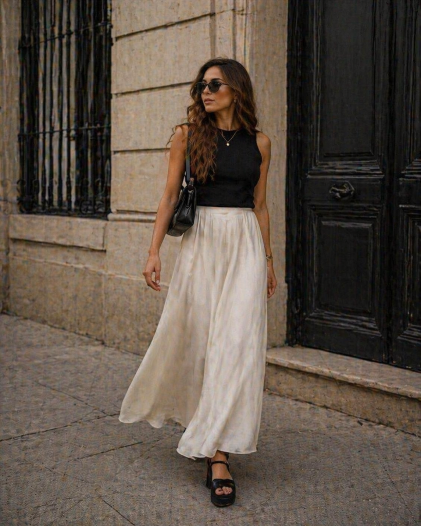 Maxi Skirt and Platform Sandals: Height and Flow