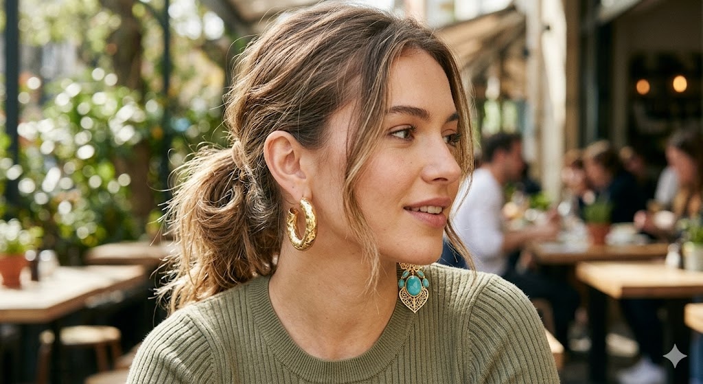 Messy Ponytail – Chunky Hoops and Statement Earrings
