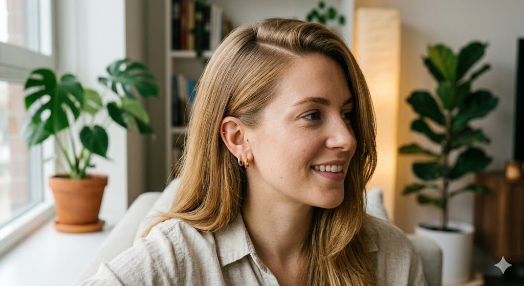 Side Part – Simple Studs or Small Hoops