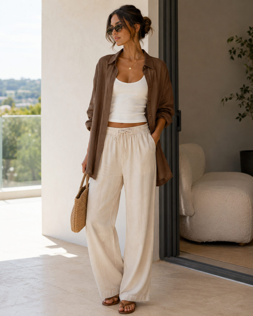 Oversized Linen Shirt (Brown – Worn Open)