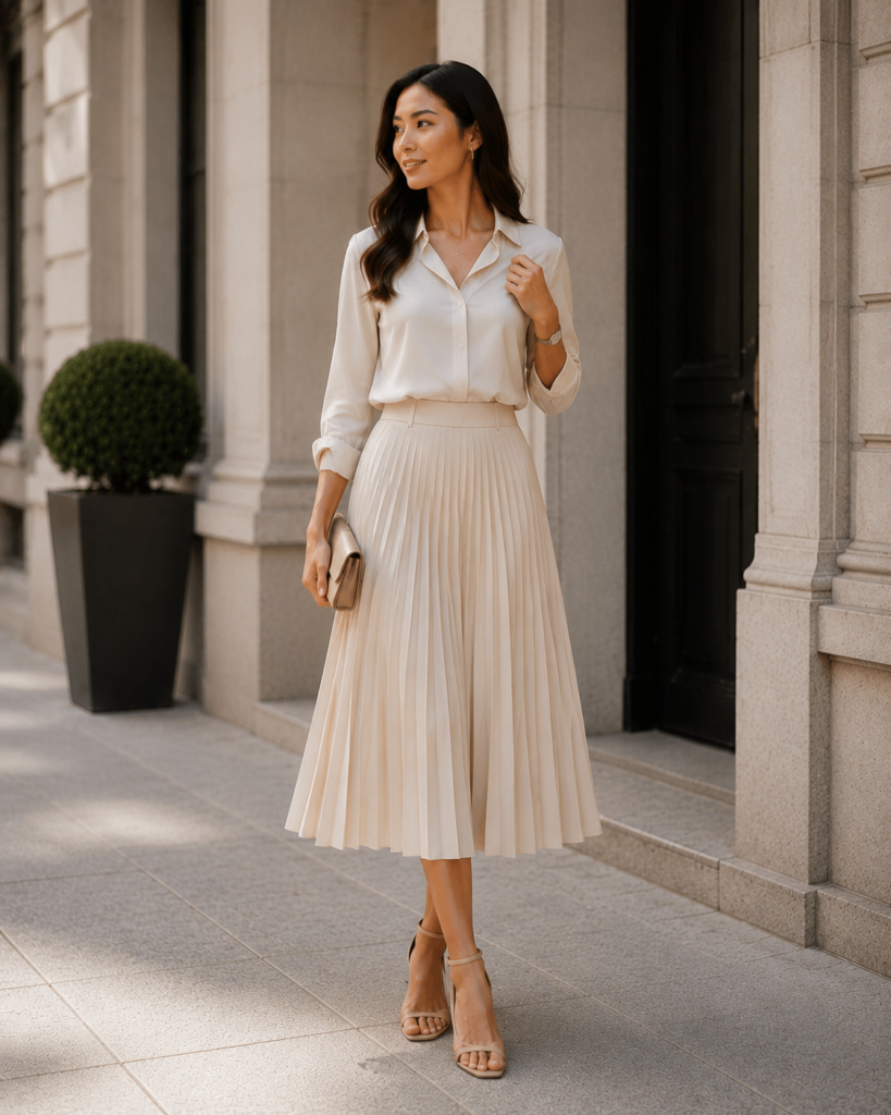 Refined and Occasional: Light Cream Pleated Skirt with Delicate Strappy Heels