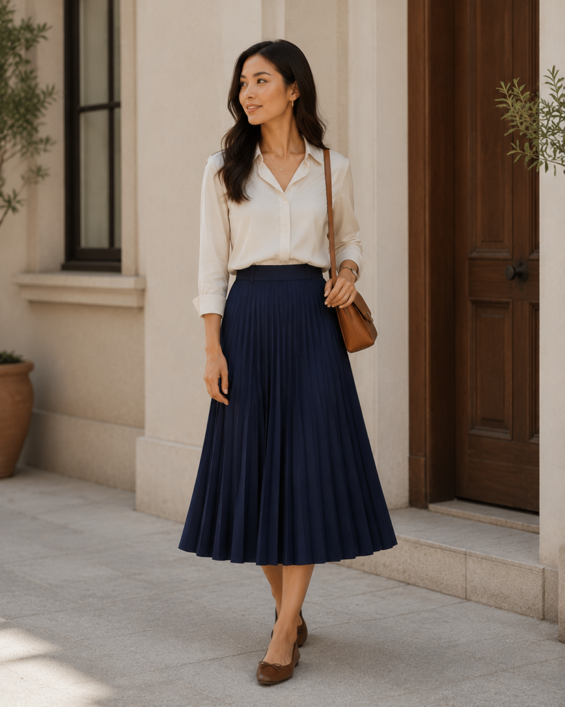 Classic and Versatile: Navy Blue Pleated A-Line Skirt with Brown Flats