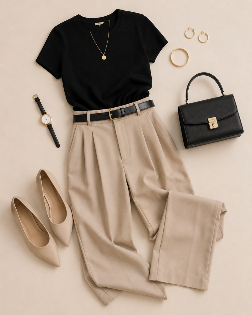 2. Black Top and Beige Trousers