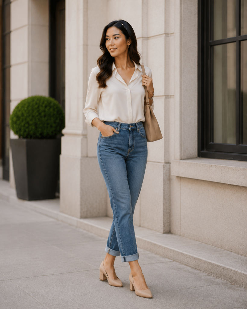 Polished Daywear: Mid-Wash Cuffed Straight-Leg Jeans with Nude Block Heels