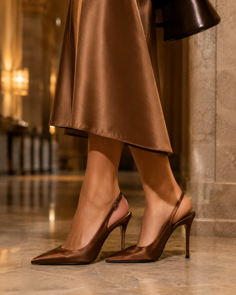 6. Brown Satin Pumps for Warm, Sophisticated Style