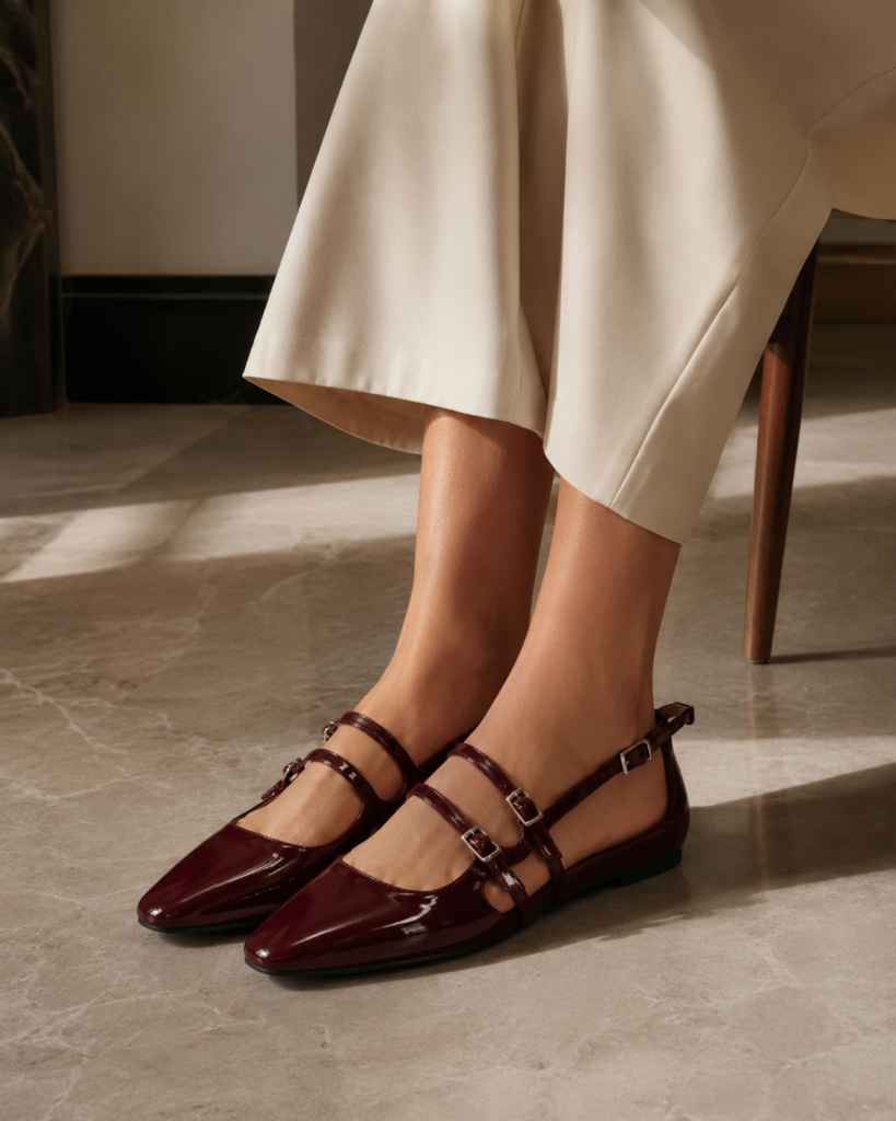 8. Bershka Burgundy Strappy Flat Shoes