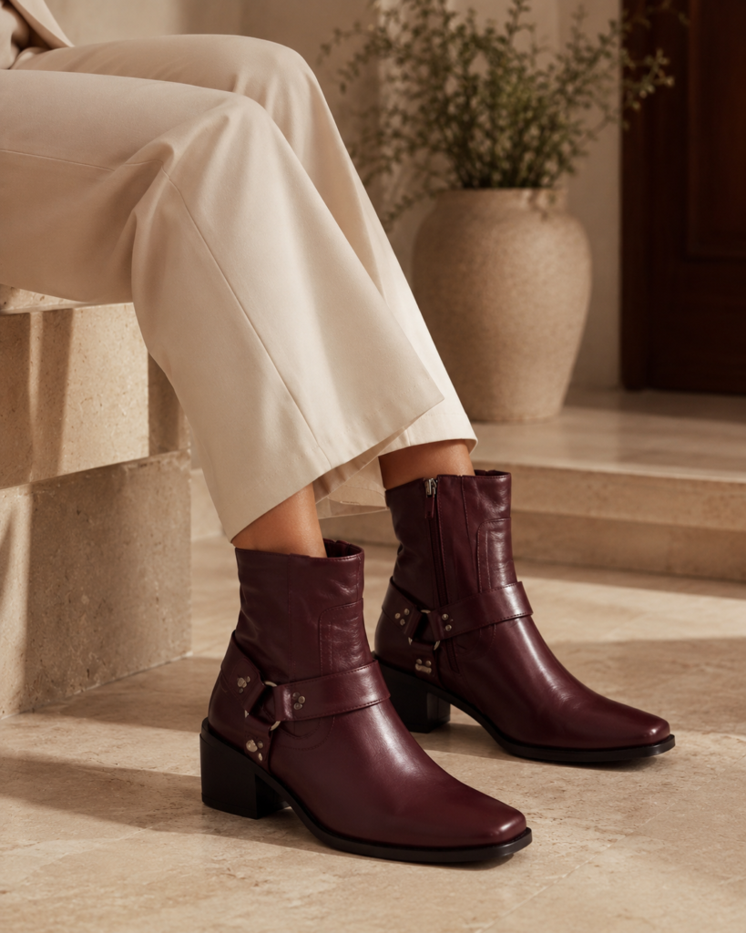 14. Twist Burgundy Biker Ankle Boots